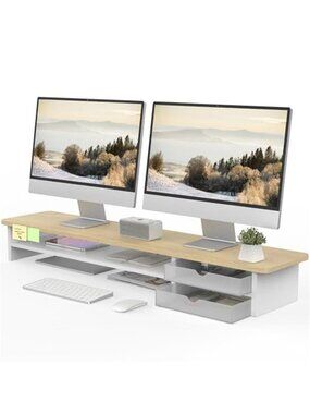 Dual Monitor Stand Riser Desk Organizer Wood Acrylic Drawer Storage Office